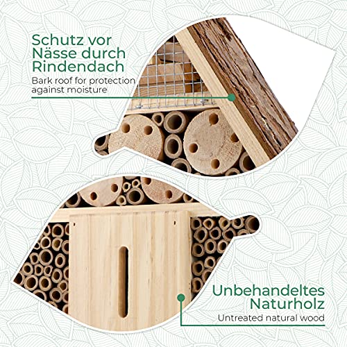 WILDLIFE FRIEND I Hotel de Insectos con Techo de Corteza - Casa de Insectos sin Tratar Hecha de Madera Natural - para Abejas, Mariquitas y Mariposas