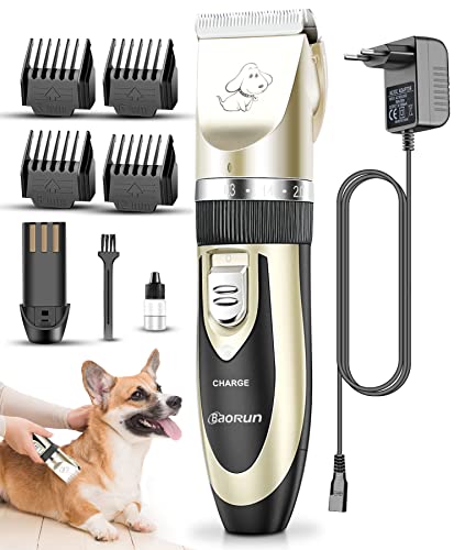 Wilktop Cortapelos Perros, Máquina de Cizallamiento Electrónico Cortapelos Máquina de Afeitar Recortadora de Baterías con 4 Peines Cortapelos Profesional para Perros y Gatos (Oro)