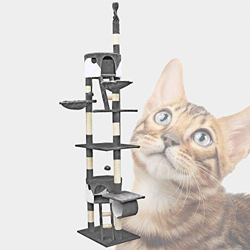 WilTec Árbol rascador para Gatos 240-260cm XXL Gris/Blanco Altura hasta Techo Mascotas Animales de compañía