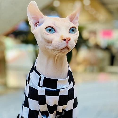 WMXING Ropa para Gatos, Ropa para Gatos Sphynx, Ropa para Gatos de algodón, Ropa para protección Solar para Gatos, Ropa para Aire Acondicionado para Gatos-Cuadrícula en Blanco y Negro_L-