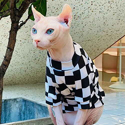 WMXING Ropa para Gatos, Ropa para Gatos Sphynx, Ropa para Gatos de algodón, Ropa para protección Solar para Gatos, Ropa para Aire Acondicionado para Gatos-Cuadrícula en Blanco y Negro_L-