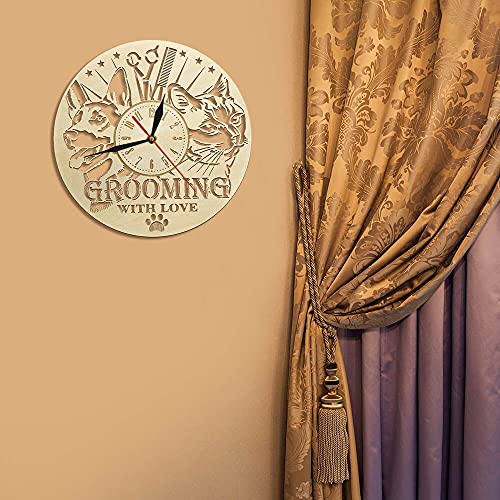 XDG Animal Care Pet Grooming Reloj de Pared Decoración de Madera para el hogar Tienda de Mascotas Señal de Tiempo Reloj de Pared de Madera Gato Perro Grooming Salon Groomer Gifts