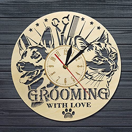XDG Animal Care Pet Grooming Reloj de Pared Decoración de Madera para el hogar Tienda de Mascotas Señal de Tiempo Reloj de Pared de Madera Gato Perro Grooming Salon Groomer Gifts