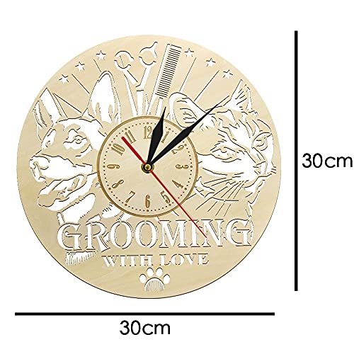 XDG Animal Care Pet Grooming Reloj de Pared Decoración de Madera para el hogar Tienda de Mascotas Señal de Tiempo Reloj de Pared de Madera Gato Perro Grooming Salon Groomer Gifts