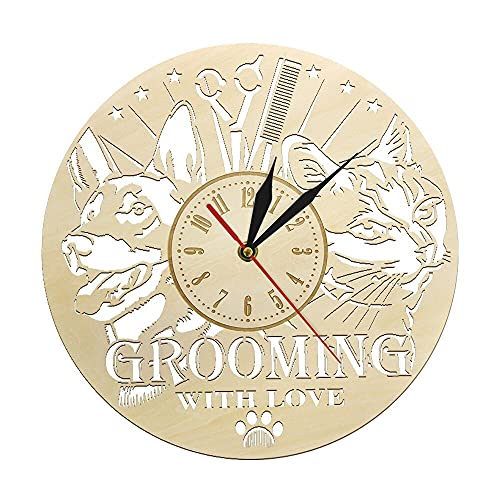 XDG Animal Care Pet Grooming Reloj de Pared Decoración de Madera para el hogar Tienda de Mascotas Señal de Tiempo Reloj de Pared de Madera Gato Perro Grooming Salon Groomer Gifts
