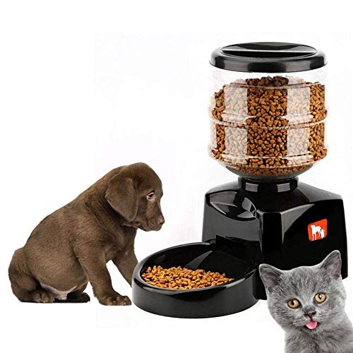 XYSQWZ Alimentador Inteligente de 5.5L dispensador automático de Alimentos alimentador de Mascotas con Pantalla LCD Temporizador de grabación de Sonido programable para Perro Gato Negro 39Cm