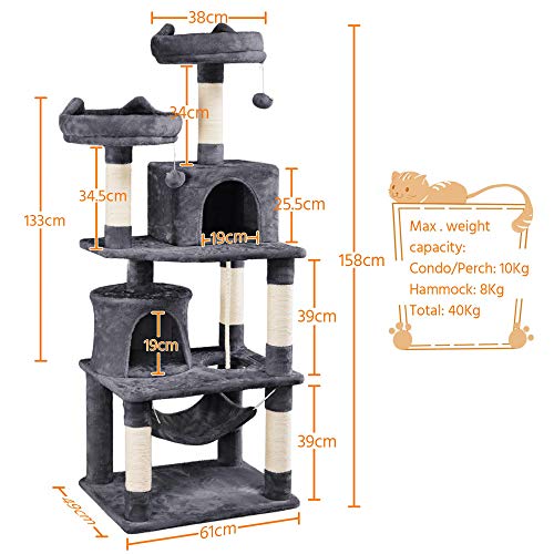 Yaheetech Árbol para Gatitos para Entretenamiento de Juego de Felpa Suave Hogar para Gatos con Rascador de Sisal Natural Grande Gris