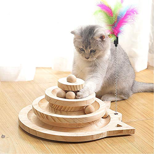 Yang Xin.Style Juguete para gatos con bola de madera de tres capas, mesa de gimnasia para gatos + divertido palo, juguete interactivo para gatos.
