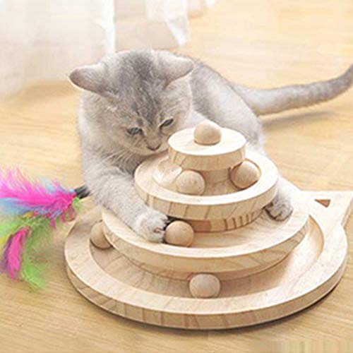 Yang Xin.Style Juguete para gatos con bola de madera de tres capas, mesa de gimnasia para gatos + divertido palo, juguete interactivo para gatos.