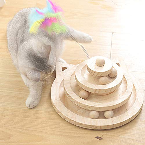 Yang Xin.Style Juguete para gatos con bola de madera de tres capas, mesa de gimnasia para gatos + divertido palo, juguete interactivo para gatos.