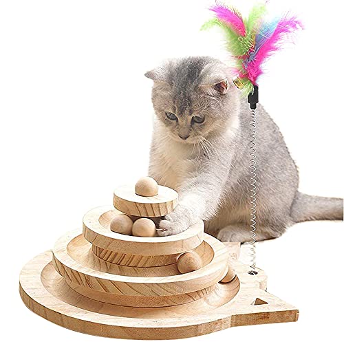Yang Xin.Style Juguete para gatos con bola de madera de tres capas, mesa de gimnasia para gatos + divertido palo, juguete interactivo para gatos.