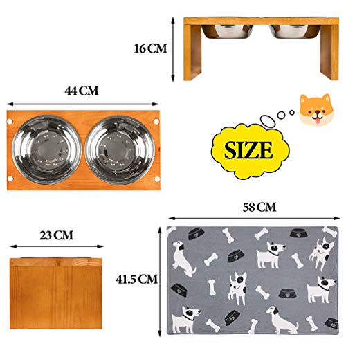 Yangbaga Comedero para Perros Grande Doble para Perros Gatos,Cuenco Elevado para Mascotas de Acero Inoxidable- con Soporte de Bambú y empadoresAntideslizante1300ml