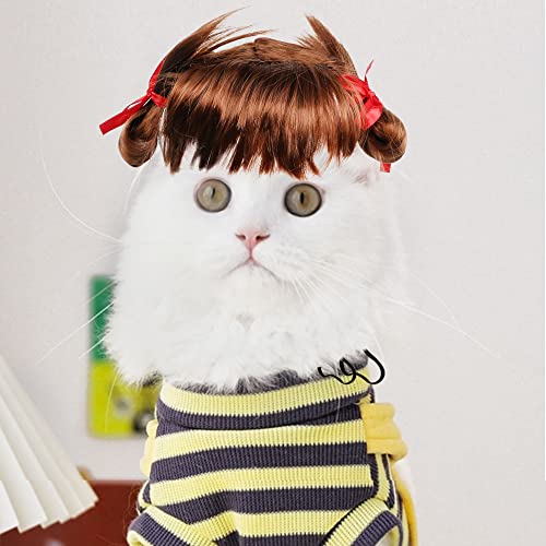 YAODHAOD Peluca de perro, peluca sintética divertida, disfraz de cachorro y gatito, adecuado para gatos pequeños y perros (trenzas marrones)