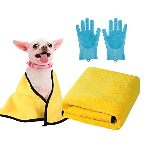 YATOSEEN Toalla de Secado para Perros súper Absorbente, Toalla de baño de Microfibra Suave para Mascotas Que Absorbe la Humedad y Seca la Mascota rápidamente con Guantes de Fregar Accesorios de baño
