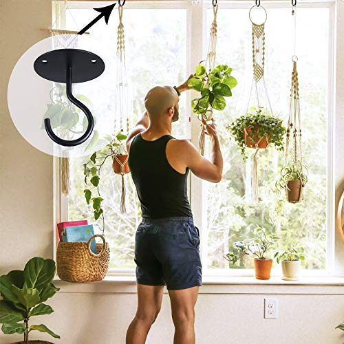 Yisscen 2 Piezas Ganchos de Techo para Colgar Plantas Ganchos de Techo para Montaje en Pared con Tornillos Soporte de Metal para Plantas para Linternas, Macetas, Comedero para Pájaros, Negro