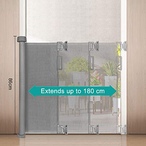 Yoofoss Barrera Seguridad Niños y Mascotas 0-180 cm Escalera Retráctil Barreras Puertas de Seguridad Enrollable para Niños Bebe Gris