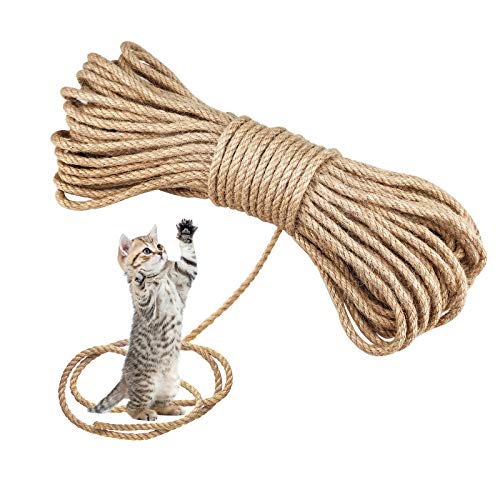 Yue Cuerda de sisal para gatos, cuerda de yute de fibra natural de 6 mm, cuerda de cáñamo para reparación de gatos rascadores, manualidades, jardinería, decoración del hogar (30 m/6 mm)