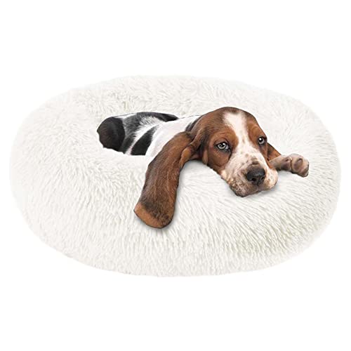 ZCAYIN Cama Redonda para Mascotas Moderna Y Suave De Felpa Gatos O Perros Pequeños Mini Cama Tamaño Mediano Interior Snooze Sleeping Cozy Kitty Teddy Kennel,Blanco,90cm