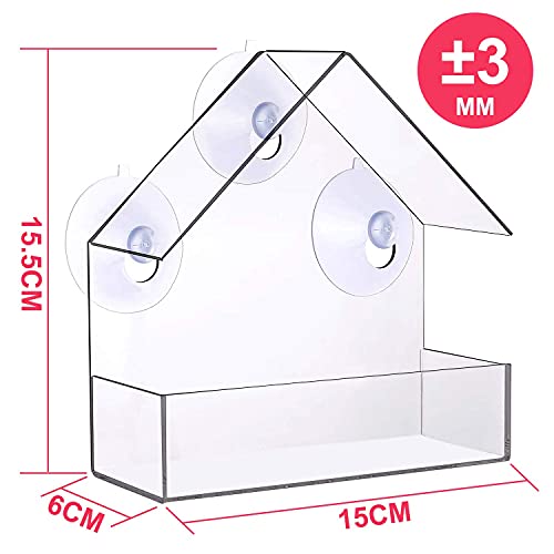 Zeqeey Comedero Pajaros Ventana Transparente, Comedero para Pájaros Colgante con 3 Ventosas comedero para pájaros Exterior para jardín pájaros Silvestres 15.5 x 15 x 6cm