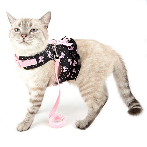 Zunea Arnés y Correa para Perro Pequeño Niña Antitirones Cachorro Chihuahua Vestido Antifugas Arnes Pecho Suave Cómodo Chaleco Floral Acolchado con Bowknot para Hembra Gato Caminar Negro S