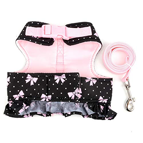 Zunea Arnés y Correa para Perro Pequeño Niña Antitirones Cachorro Chihuahua Vestido Antifugas Arnes Pecho Suave Cómodo Chaleco Floral Acolchado con Bowknot para Hembra Gato Caminar Negro S