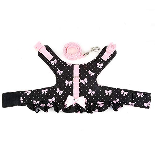 Zunea Arnés y Correa para Perro Pequeño Niña Antitirones Cachorro Chihuahua Vestido Antifugas Arnes Pecho Suave Cómodo Chaleco Floral Acolchado con Bowknot para Hembra Gato Caminar Negro S