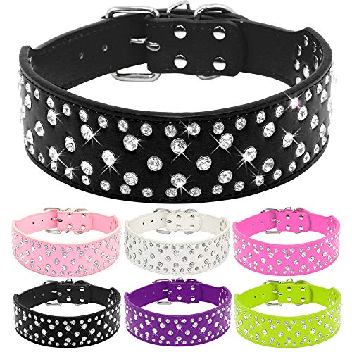 ZYYC Collares de Cuero con Diamantes de imitación para Perros Grandes Collares de Mascotas con Tachuelas de Diamantes de Cristal Brillante para Perros medianos a Grandes Pitbull Pink-Black_M