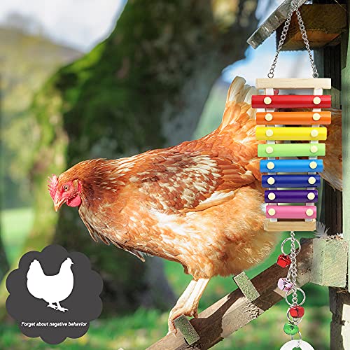 3Pzs Juguetes Colgantes con Campanas para Gallina Pajarito, espejo de pollo para gallinas, Juguetes Divertidos de Picoteo con Xilófonoy 2 Pinchos para Vegetales Frutas