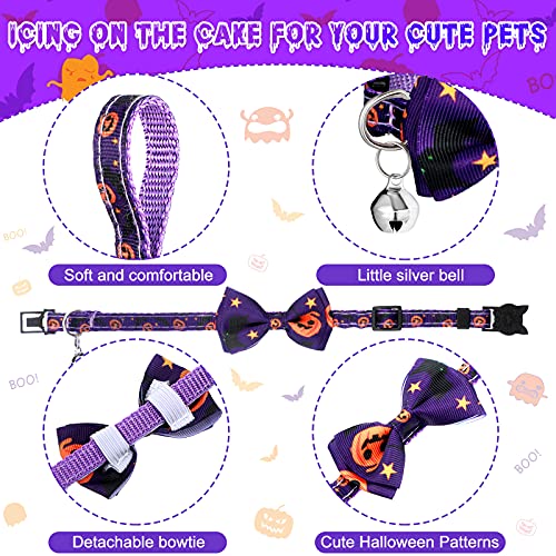 4 Collares de Gato Separables de Halloween con Campana y Pajarita Collar de Gatito de Seguridad Ajustable Collar de Pajarita con Patrón de Calabaza Murciélago Gato Fantasma Caramelo
