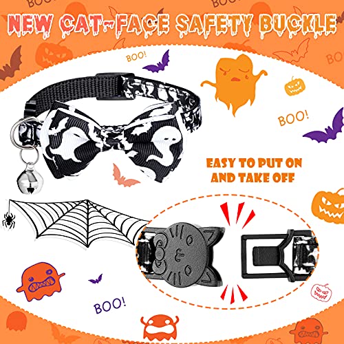 4 Collares de Gato Separables de Halloween con Campana y Pajarita Collar de Gatito de Seguridad Ajustable Collar de Pajarita con Patrón de Calabaza Murciélago Gato Fantasma Caramelo