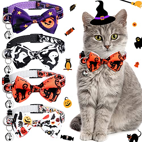 4 Collares de Gato Separables de Halloween con Campana y Pajarita Collar de Gatito de Seguridad Ajustable Collar de Pajarita con Patrón de Calabaza Murciélago Gato Fantasma Caramelo