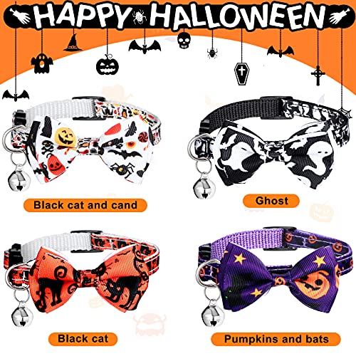 4 Collares de Gato Separables de Halloween con Campana y Pajarita Collar de Gatito de Seguridad Ajustable Collar de Pajarita con Patrón de Calabaza Murciélago Gato Fantasma Caramelo
