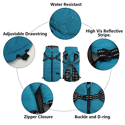 Abrigos y Chaquetas cálidos para Perros con arnés,Chaleco Reflectante Impermeable para Perros Mascotas, Ropa de Invierno para Perros con Correa en el Pecho,para Perros pequeños y medianos-Azul-M