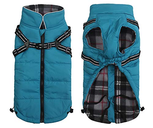 Abrigos y Chaquetas cálidos para Perros con arnés,Chaleco Reflectante Impermeable para Perros Mascotas, Ropa de Invierno para Perros con Correa en el Pecho,para Perros pequeños y medianos-Azul-M