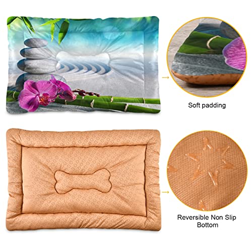 Alfombra de cama de bambú con diseño de flores de orquídeas rosadas, diseño de piedras de masaje zen, color rosa, para mascotas pequeñas y medianas, antideslizante, lavable y seco, 36 x 24 pulgadas