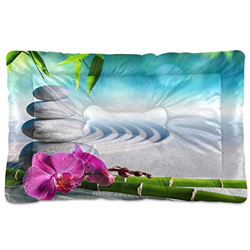 Alfombra de cama de bambú con diseño de flores de orquídeas rosadas, diseño de piedras de masaje zen, color rosa, para mascotas pequeñas y medianas, antideslizante, lavable y seco, 36 x 24 pulgadas