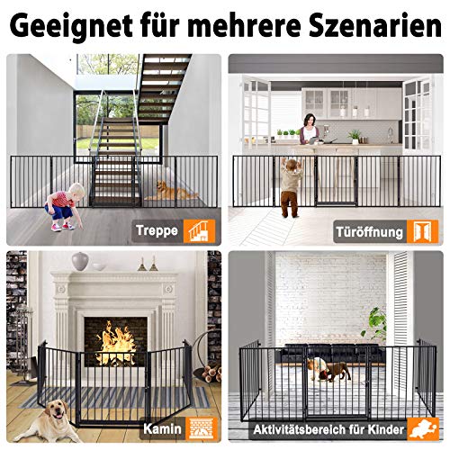 Aufun Reja Protección de chimenea | Barrera seguridad bebés, niños y Mascotas | Rejilla protectora de 5 piezas de valla para niños, malla para chimenea con Puerta - negro