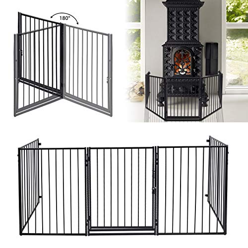Aufun Reja Protección de chimenea | Barrera seguridad bebés, niños y Mascotas | Rejilla protectora de 5 piezas de valla para niños, malla para chimenea con Puerta - negro