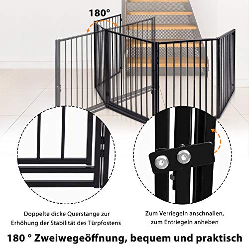 Aufun Reja Protección de chimenea | Barrera seguridad bebés, niños y Mascotas | Rejilla protectora de 5 piezas de valla para niños, malla para chimenea con Puerta - negro