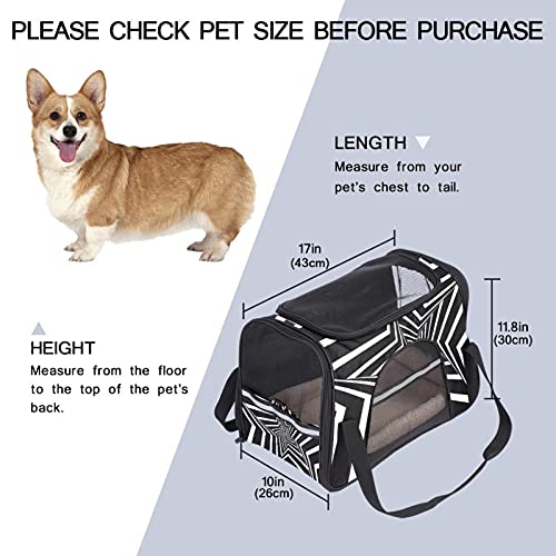 Bolsa de viaje portátil para mascotas, bolsa de viaje aprobada por aerolíneas para gato y conejo, con cara suave, impresión de fondo de vértigo blanco y negro
