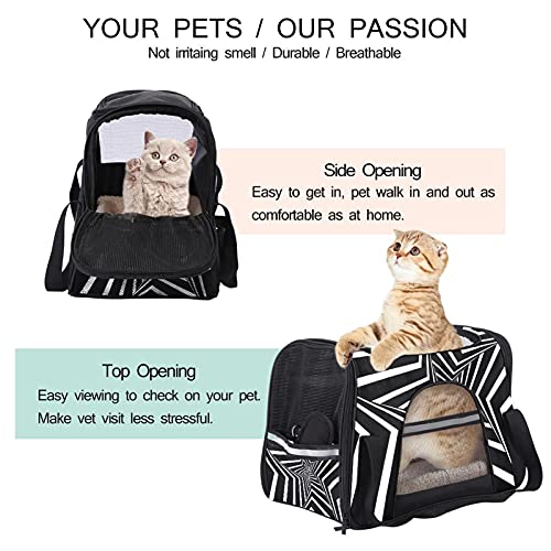 Bolsa de viaje portátil para mascotas, bolsa de viaje aprobada por aerolíneas para gato y conejo, con cara suave, impresión de fondo de vértigo blanco y negro
