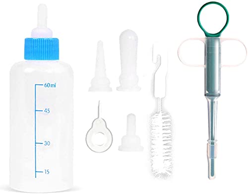 Botella de cría para mascotas, perros y gatos, 60 ml, botella de alimentación para perros y gatos con 4 boquillas de repuesto, 1 pincel y 1 jeringa para mascotas, para gatos pequeños y perros