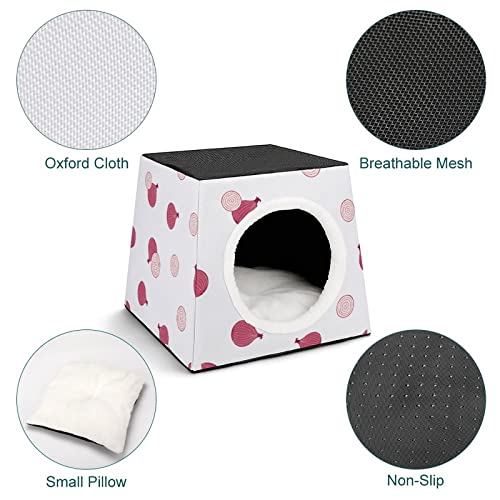 Casa para Gatos Impresa Plegable Cubo de Gato Camas y Sofás para Gatos Lindo con Cojín Extraíble Cebolla Blanca
