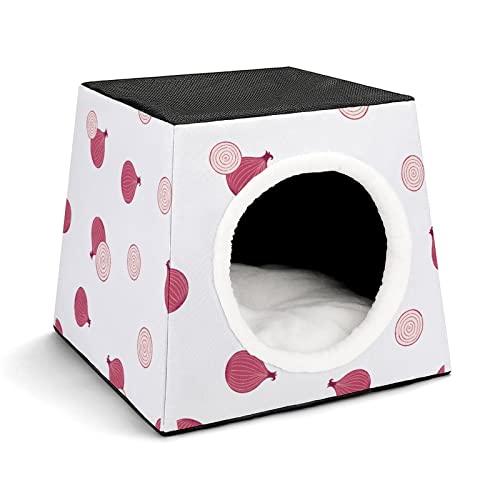 Casa para Gatos Impresa Plegable Cubo de Gato Camas y Sofás para Gatos Lindo con Cojín Extraíble Cebolla Blanca