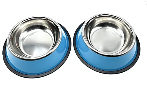 Comedero y Bebedero para Perros y Gatos con Goma Antideslizante. Platos para Perros de Acero Inoxidable y Base Antideslizante (Grande 26 cm, Azul)