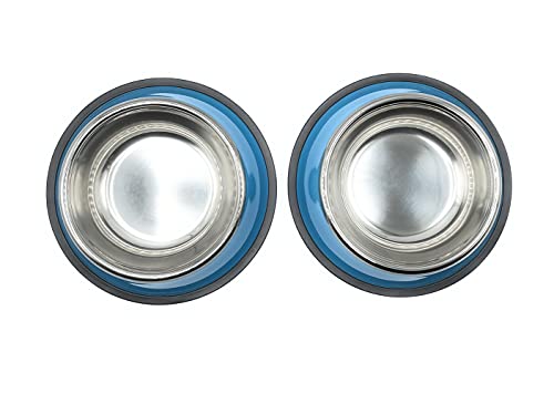 Comedero y Bebedero para Perros y Gatos con Goma Antideslizante. Platos para Perros de Acero Inoxidable y Base Antideslizante (Grande 26 cm, Azul)