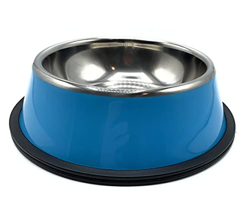 Comedero y Bebedero para Perros y Gatos con Goma Antideslizante. Platos para Perros de Acero Inoxidable y Base Antideslizante (Grande 26 cm, Azul)
