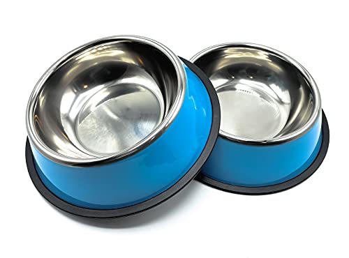 Comedero y Bebedero para Perros y Gatos con Goma Antideslizante. Platos para Perros de Acero Inoxidable y Base Antideslizante (Grande 26 cm, Azul)
