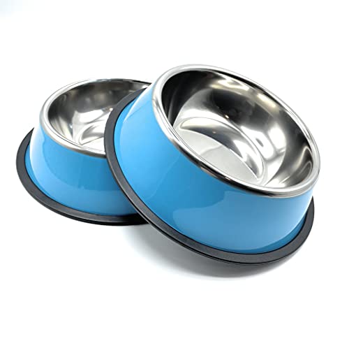 Comedero y Bebedero para Perros y Gatos con Goma Antideslizante. Platos para Perros de Acero Inoxidable y Base Antideslizante (Grande 26 cm, Azul)