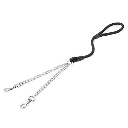 Correa Doble para Perros Medianos y Grandes - Cadena Metalica de Acero Inoxidable para Paseo - Cordon Comodo y sin Enredos - Plomo Doble con Mango de Nailon (Negro)